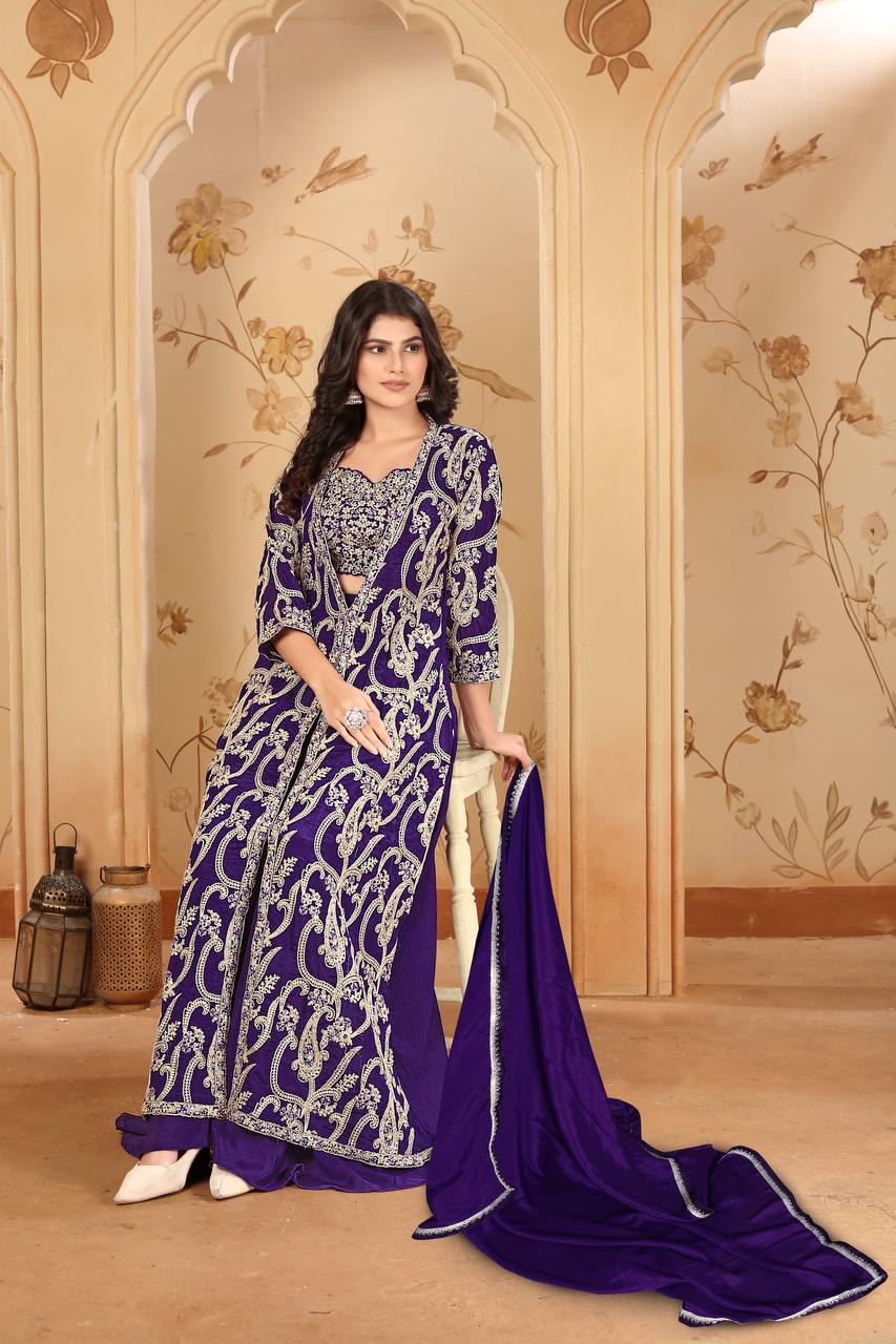 Purple Elegant Chinon Embroidered Jacket Set with Blouse, Bottom & Dupatta – Fully Stitched ClothsVilla