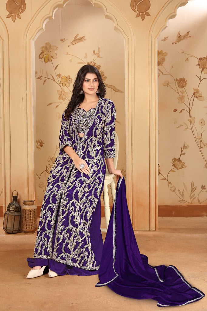 Purple Elegant Chinon Embroidered Jacket Set with Blouse, Bottom & Dupatta – Fully Stitched ClothsVilla