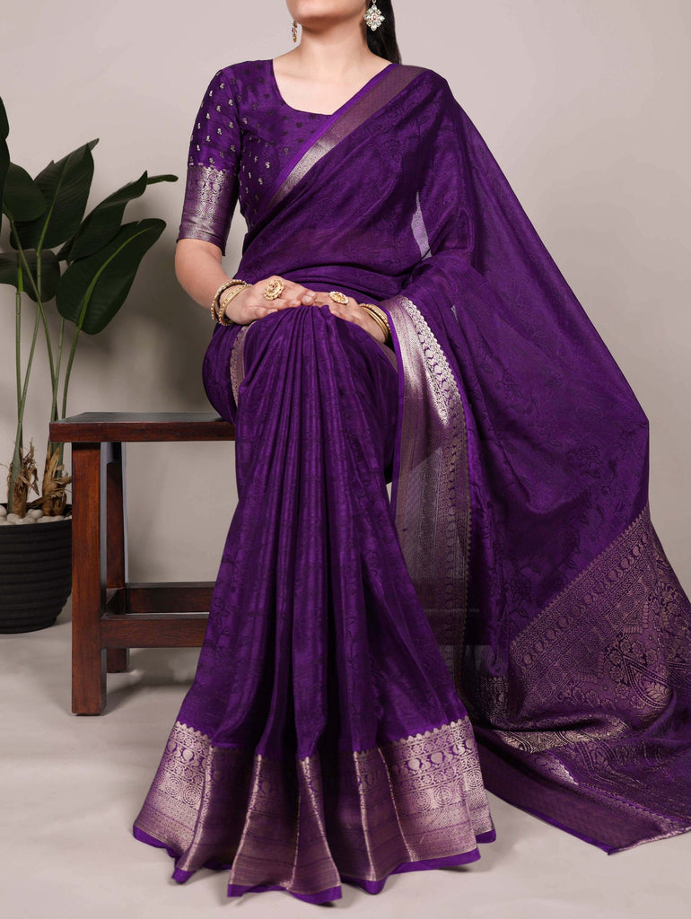 Purple Elegant Chinon Saree with Self Print & Zari Weaving Work Unstitched Blouse Included ClothsVilla