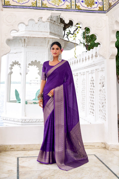 Purple Elegant Chinon Saree with Self Print & Zari Weaving Work Unstitched Blouse Included ClothsVilla Main image