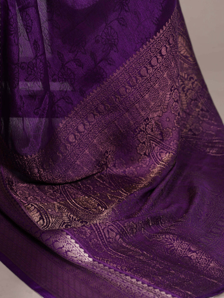 Purple Elegant Chinon Saree with Self Print & Zari Weaving Work Unstitched Blouse Included ClothsVilla