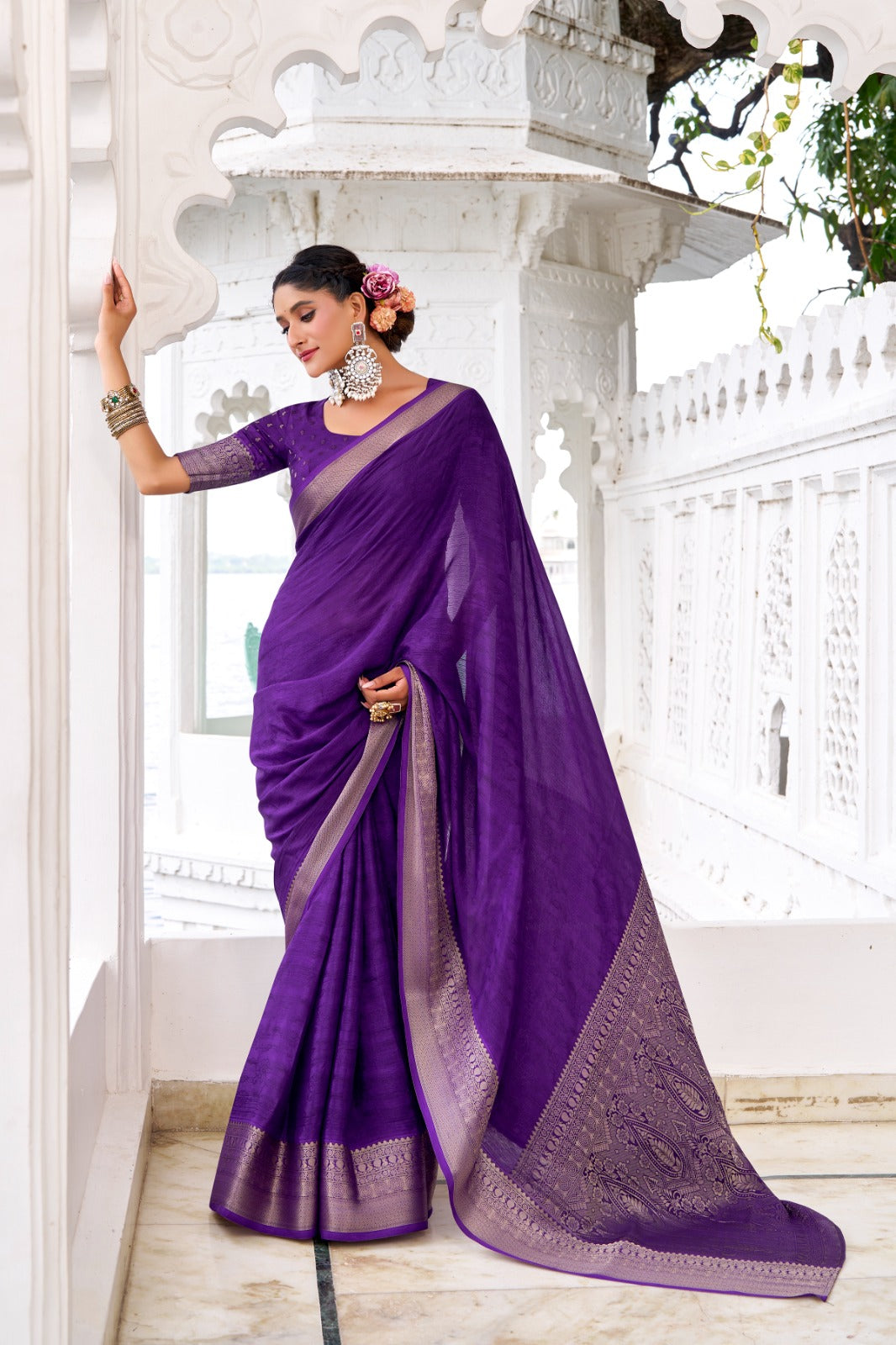 Purple Elegant Chinon Saree with Self Print & Zari Weaving Work Unstitched Blouse Included Secondary image