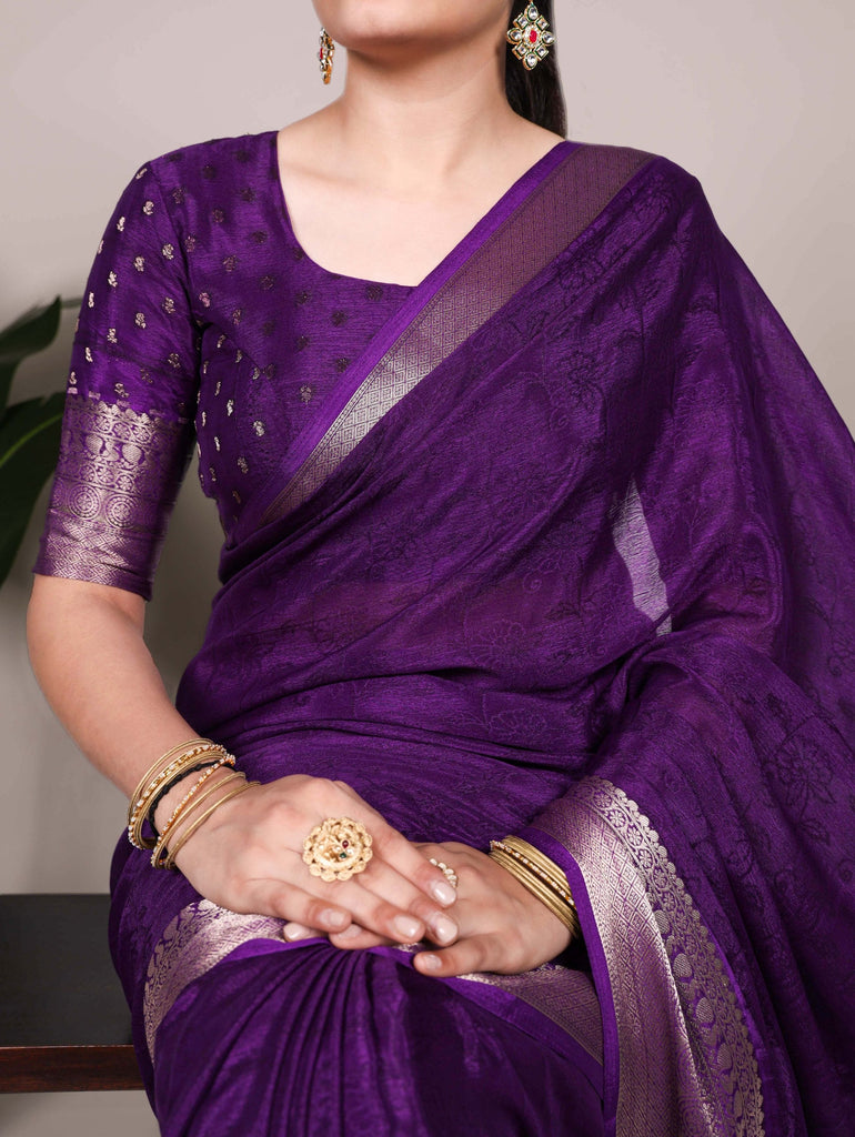 Purple Elegant Chinon Saree with Self Print & Zari Weaving Work Unstitched Blouse Included ClothsVilla