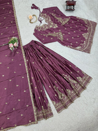 Purple Elegant Chinon Silk 3-Piece Suit Set with Sequin Embroidery & Lace Border Dupatta ClothsVilla