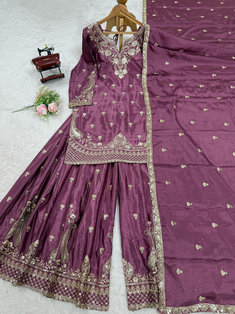 Purple Elegant Chinon Silk 3-Piece Suit Set with Sequin Embroidery & Lace Border Dupatta ClothsVilla