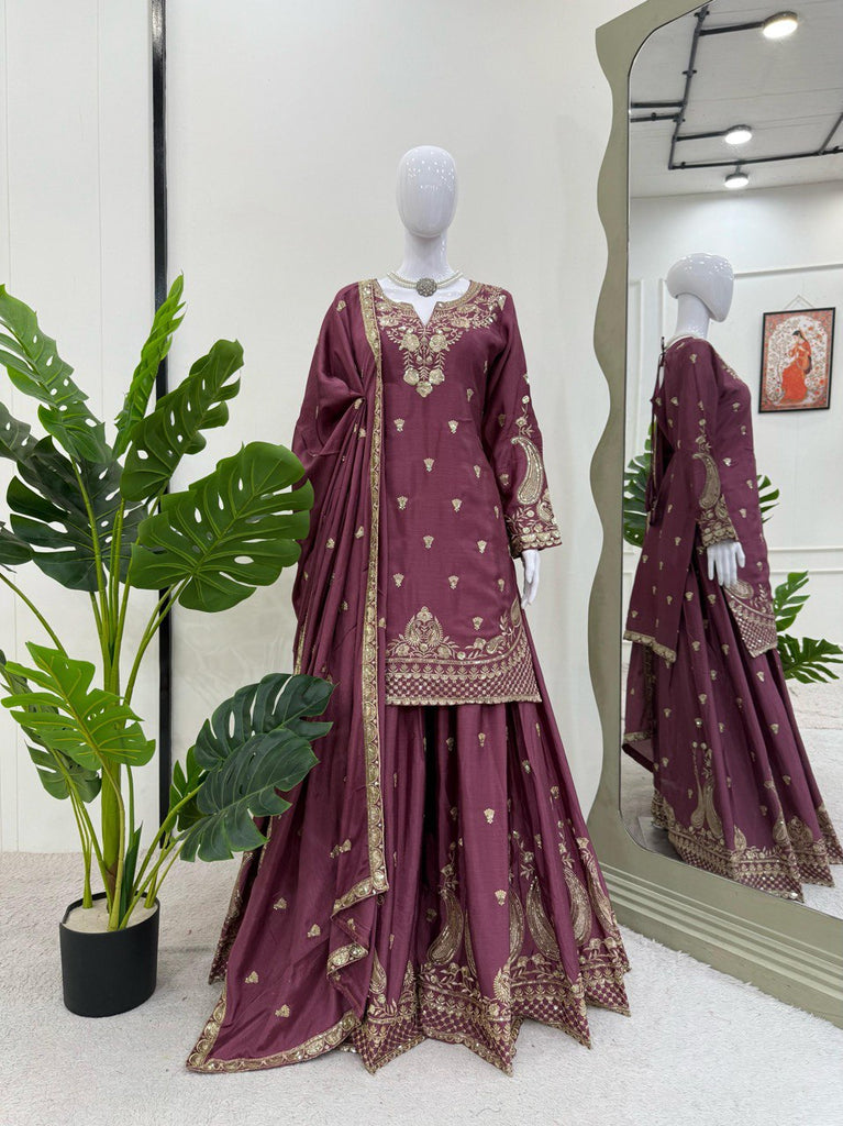 Purple Elegant Chinon Silk 3-Piece Suit Set with Sequin Embroidery & Lace Border Dupatta ClothsVilla
