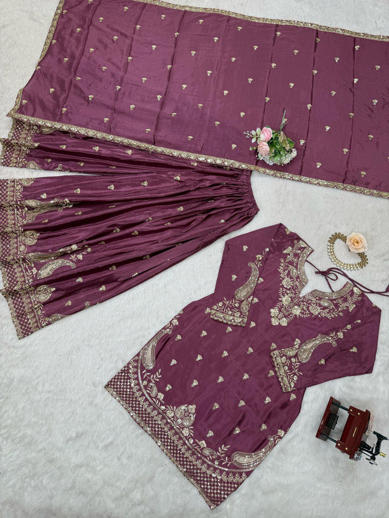 Purple Elegant Chinon Silk 3-Piece Suit Set with Sequin Embroidery & Lace Border Dupatta ClothsVilla