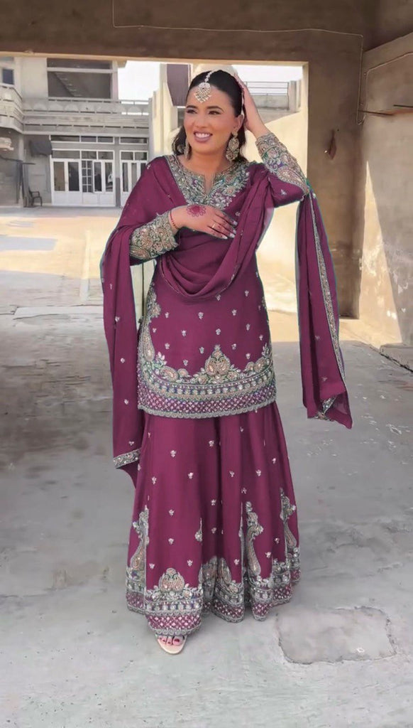 Purple Elegant Chinon Silk 3-Piece Suit Set with Sequin Embroidery & Lace Border Dupatta ClothsVilla