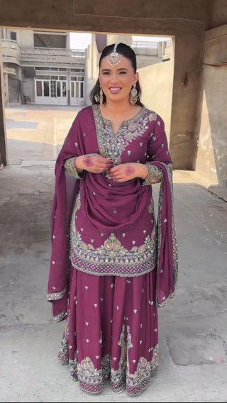 Purple Elegant Chinon Silk 3-Piece Suit Set with Sequin Embroidery & Lace Border Dupatta ClothsVilla