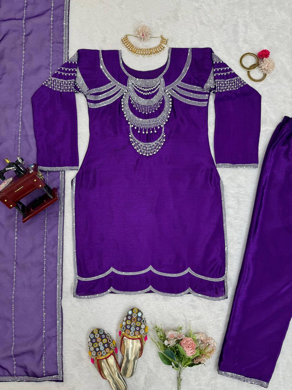 Purple Elegant Chinon Silk Ensemble – Timeless Grace & Luxury ClothsVilla
