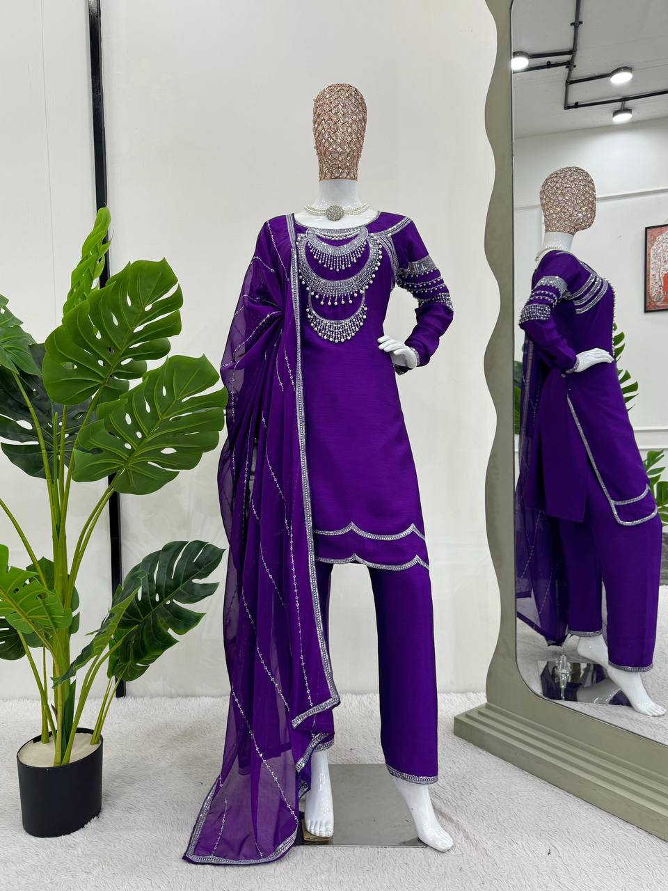 Purple Elegant Chinon Silk Ensemble – Timeless Grace & Luxury ClothsVilla