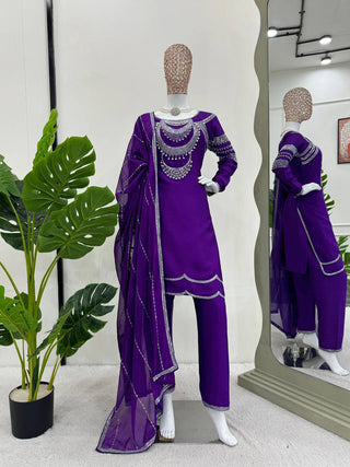 Purple Elegant Chinon Silk Ensemble – Timeless Grace & Luxury ClothsVilla