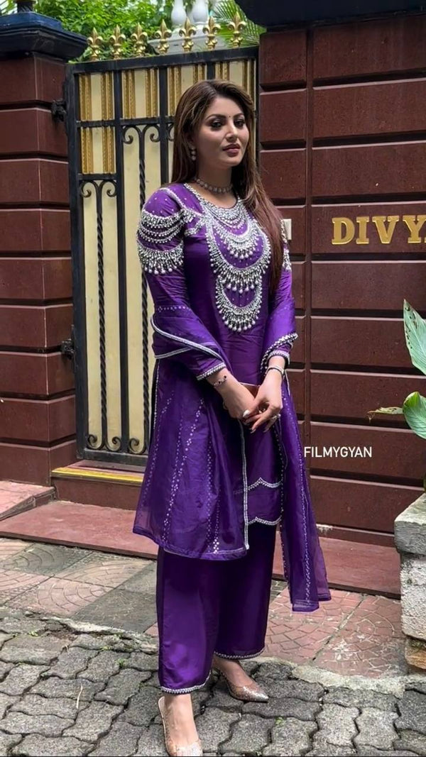 Purple Elegant Chinon Silk Ensemble – Timeless Grace & Luxury ClothsVilla
