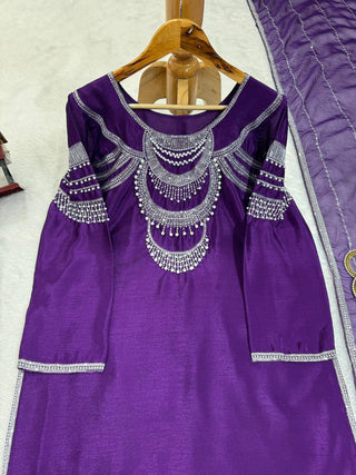 Purple Elegant Chinon Silk Ensemble – Timeless Grace & Luxury ClothsVilla