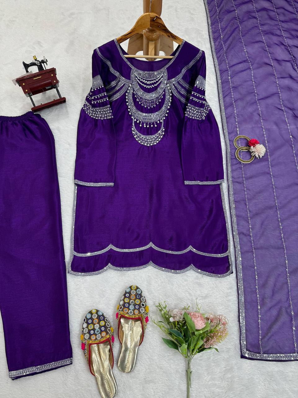 Purple Elegant Chinon Silk Ensemble – Timeless Grace & Luxury ClothsVilla