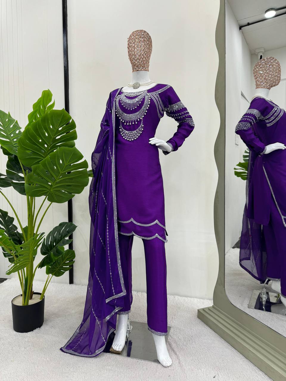 Purple Elegant Chinon Silk Ensemble – Timeless Grace & Luxury ClothsVilla