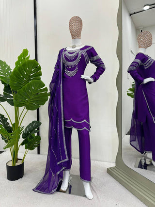 Purple Elegant Chinon Silk Ensemble – Timeless Grace & Luxury ClothsVilla