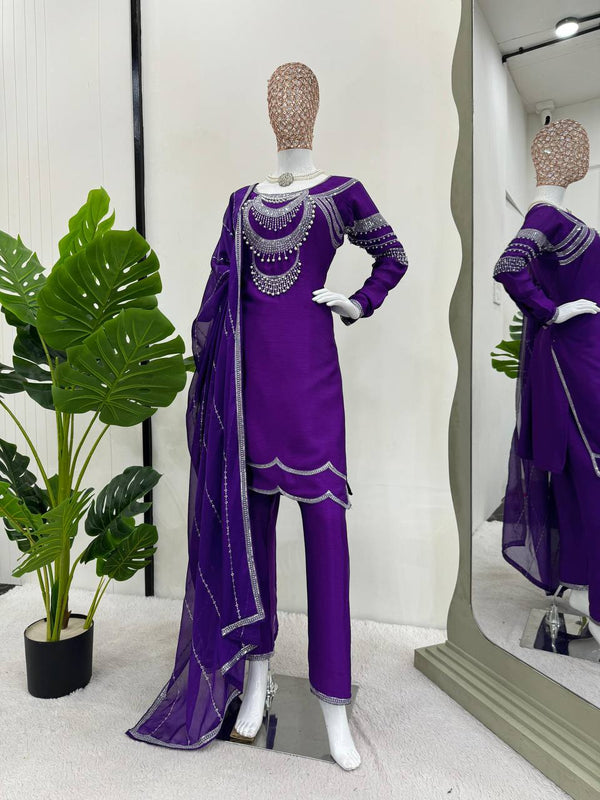 Purple Elegant Chinon Silk Ensemble – Timeless Grace & Luxury ClothsVilla