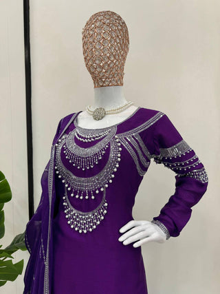 Purple Elegant Chinon Silk Ensemble – Timeless Grace & Luxury ClothsVilla