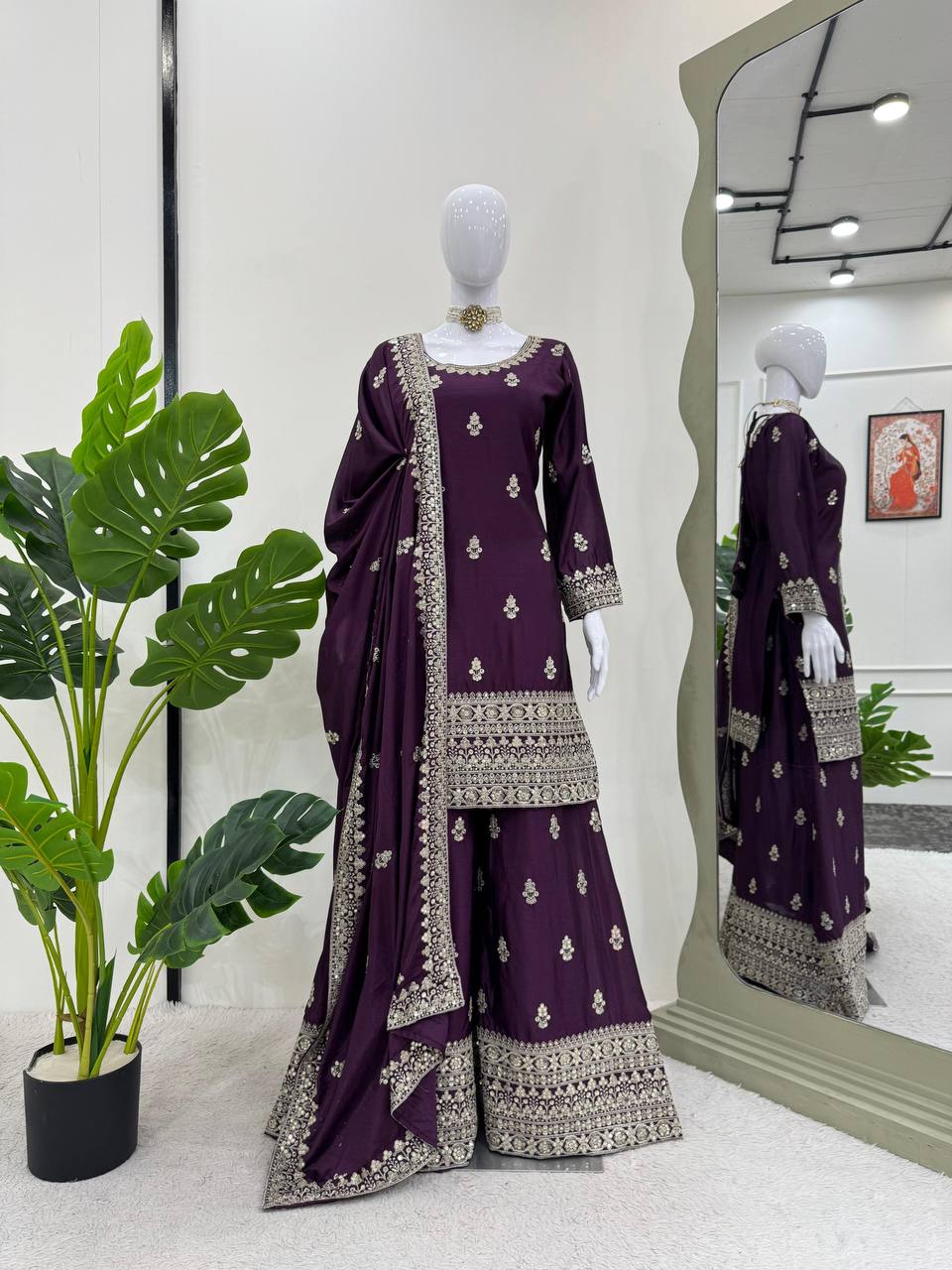 Purple Elegant Chinon Silk Ensemble – Top, Plazo & Dupatta ClothsVilla