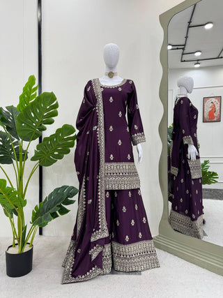 Purple Elegant Chinon Silk Ensemble – Top, Plazo & Dupatta ClothsVilla