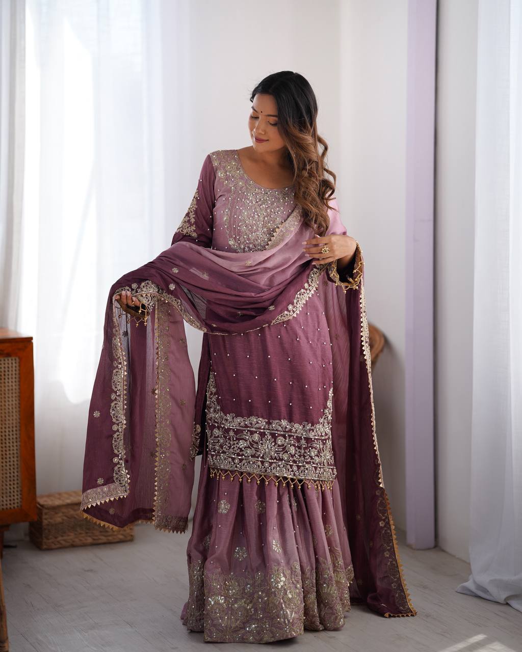 Purple Elegant Chinon Silk Ensemble – Top, Plazo & Dupatta ClothsVilla