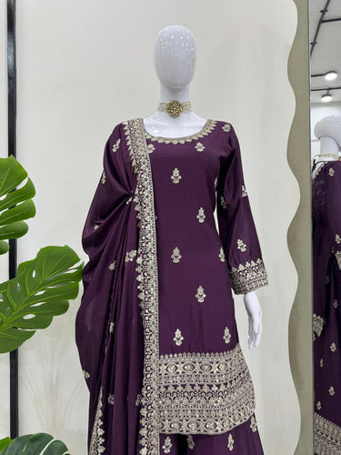 Purple Elegant Chinon Silk Ensemble – Top, Plazo & Dupatta ClothsVilla