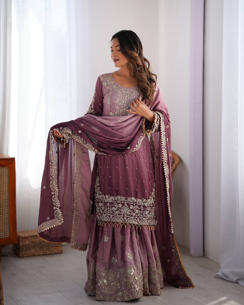 Purple Elegant Chinon Silk Ensemble – Top, Plazo & Dupatta ClothsVilla
