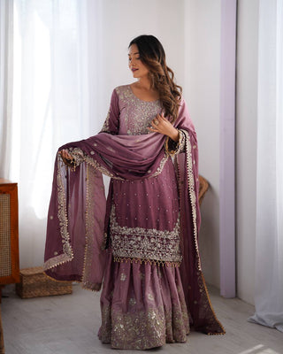 Purple Elegant Chinon Silk Ensemble – Top, Plazo & Dupatta ClothsVilla
