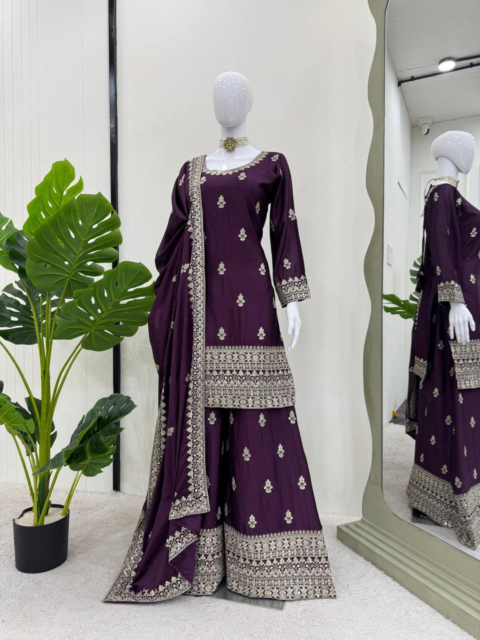 Purple Elegant Chinon Silk Ensemble – Top, Plazo & Dupatta ClothsVilla