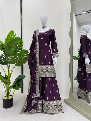 Purple Elegant Chinon Silk Ensemble – Top, Plazo & Dupatta ClothsVilla