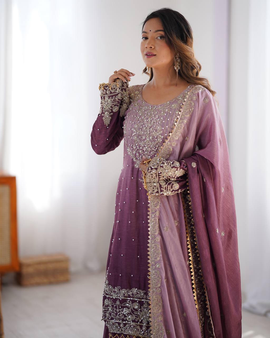 Purple Elegant Chinon Silk Ensemble – Top, Plazo & Dupatta ClothsVilla