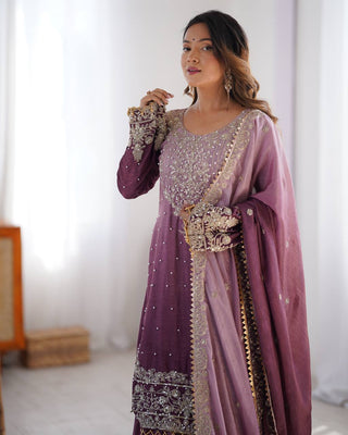 Purple Elegant Chinon Silk Ensemble – Top, Plazo & Dupatta ClothsVilla