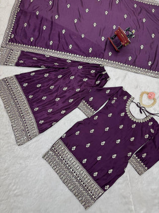 Purple Elegant Chinon Silk Ensemble – Top, Plazo & Dupatta ClothsVilla