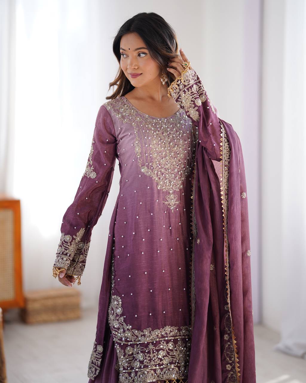 Purple Elegant Chinon Silk Ensemble – Top, Plazo & Dupatta ClothsVilla