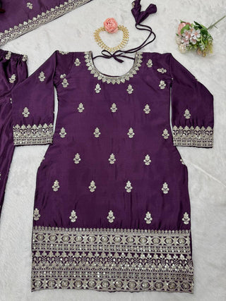Purple Elegant Chinon Silk Ensemble – Top, Plazo & Dupatta ClothsVilla