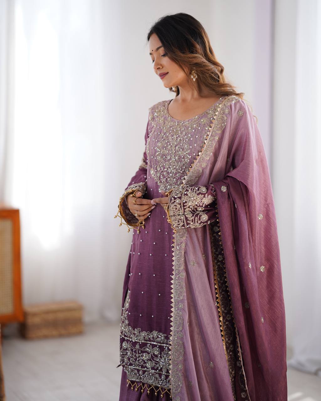 Purple Elegant Chinon Silk Ensemble – Top, Plazo & Dupatta ClothsVilla
