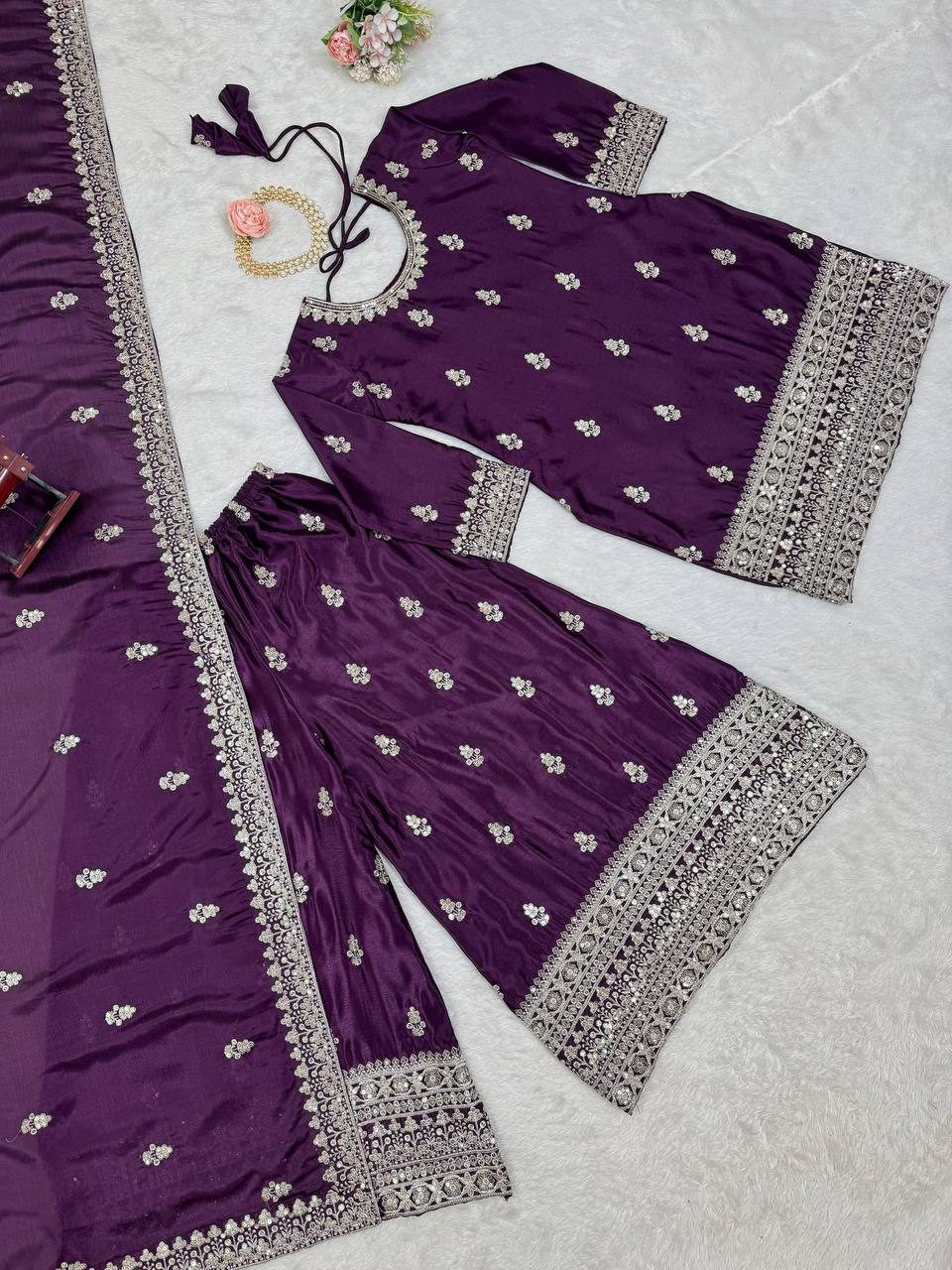 Purple Elegant Chinon Silk Ensemble – Top, Plazo & Dupatta ClothsVilla