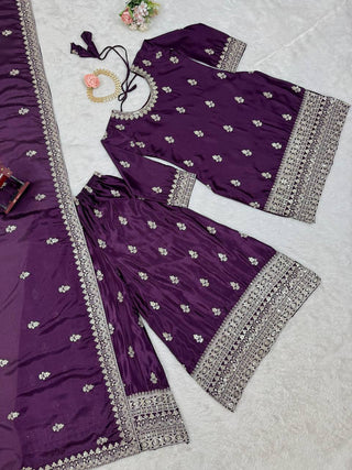 Purple Elegant Chinon Silk Ensemble – Top, Plazo & Dupatta ClothsVilla
