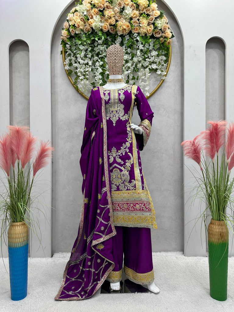 Purple Elegant Chinon Silk Plazo Set with Thread, Sequin & Coding Dori Work ClothsVilla