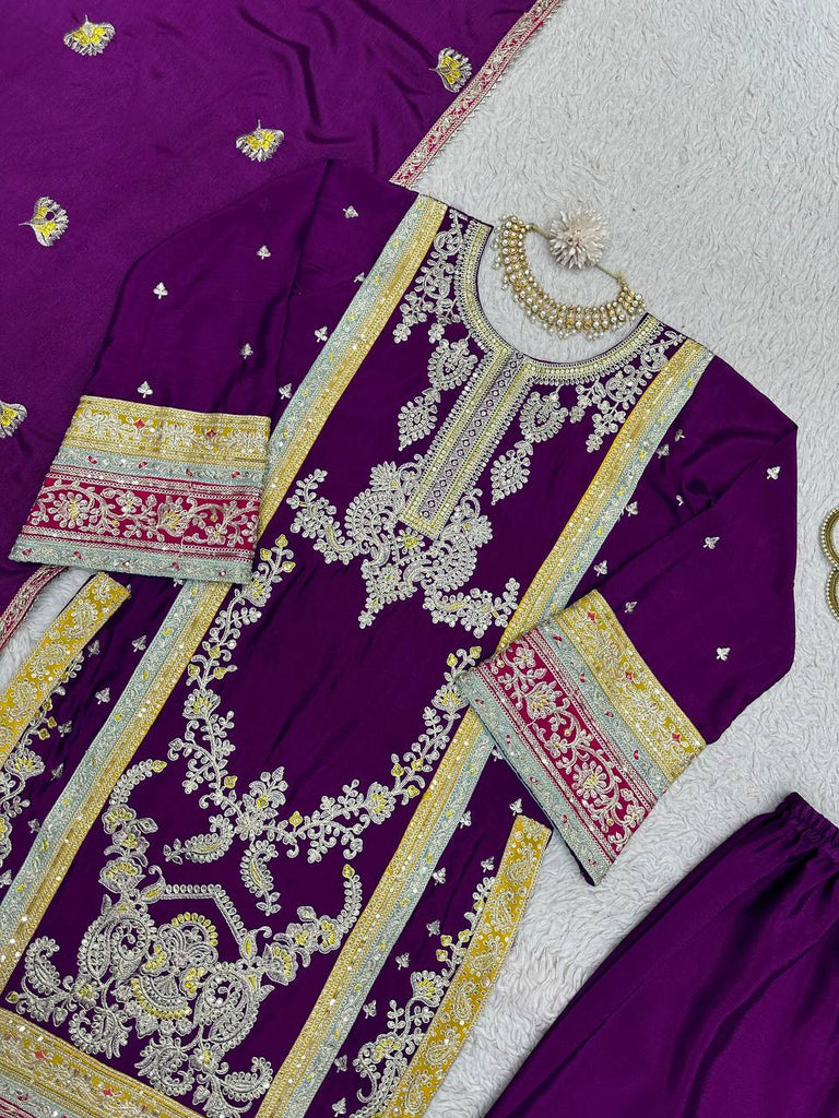 Purple Elegant Chinon Silk Plazo Set with Thread, Sequin & Coding Dori Work ClothsVilla