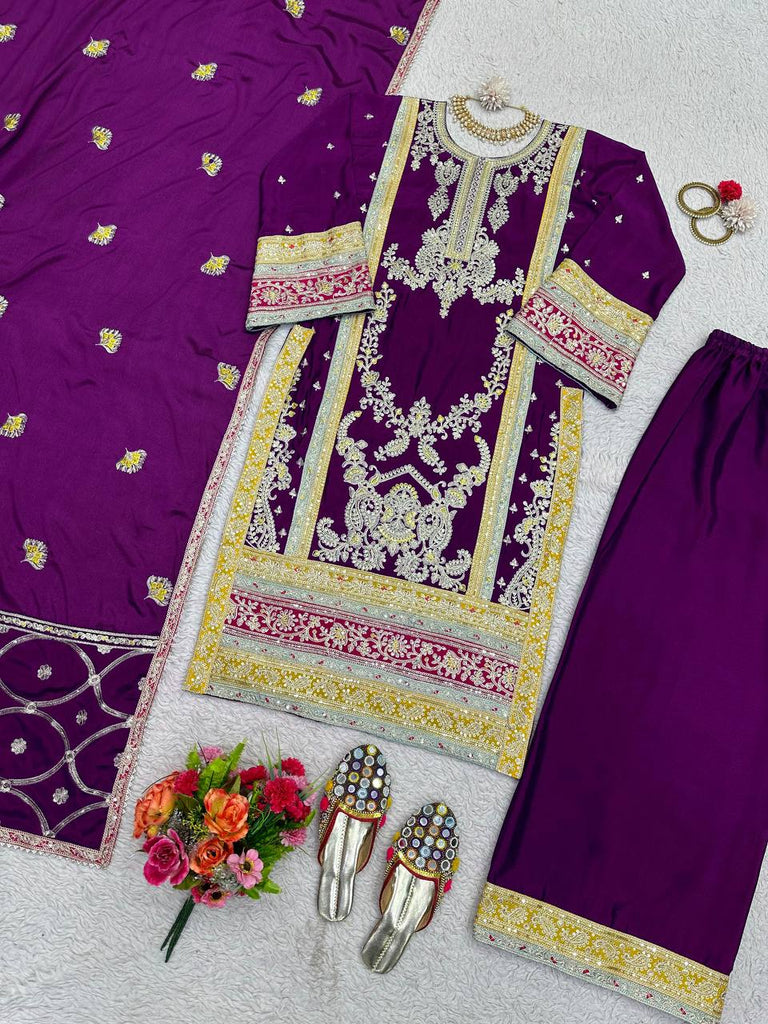 Purple Elegant Chinon Silk Plazo Set with Thread, Sequin & Coding Dori Work ClothsVilla