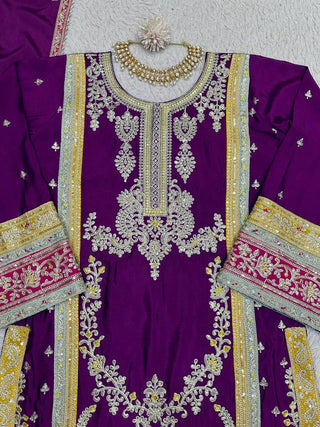 Purple Elegant Chinon Silk Plazo Set with Thread, Sequin & Coding Dori Work ClothsVilla
