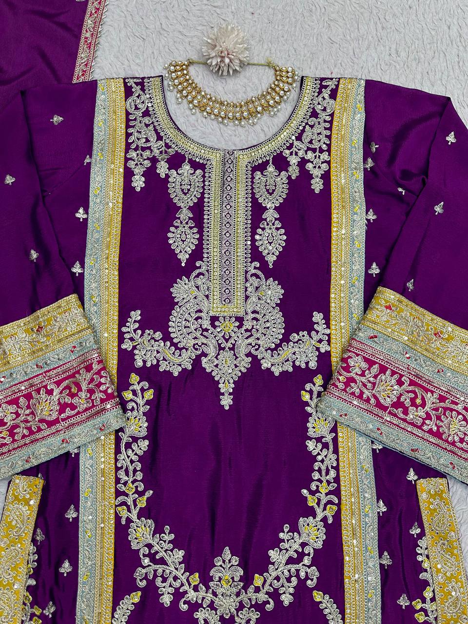 Purple Elegant Chinon Silk Plazo Set with Thread, Sequin & Coding Dori Work ClothsVilla