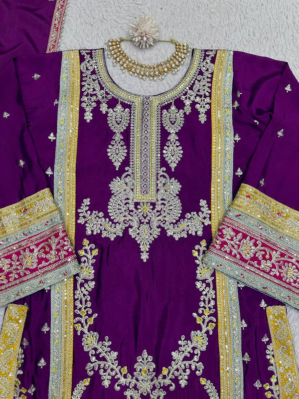 Purple Elegant Chinon Silk Plazo Set with Thread, Sequin & Coding Dori Work ClothsVilla