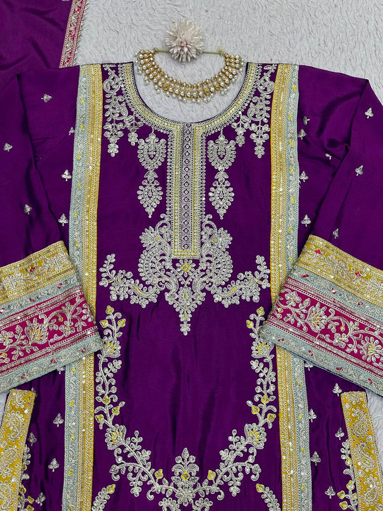 Purple Elegant Chinon Silk Plazo Set with Thread, Sequin & Coding Dori Work ClothsVilla