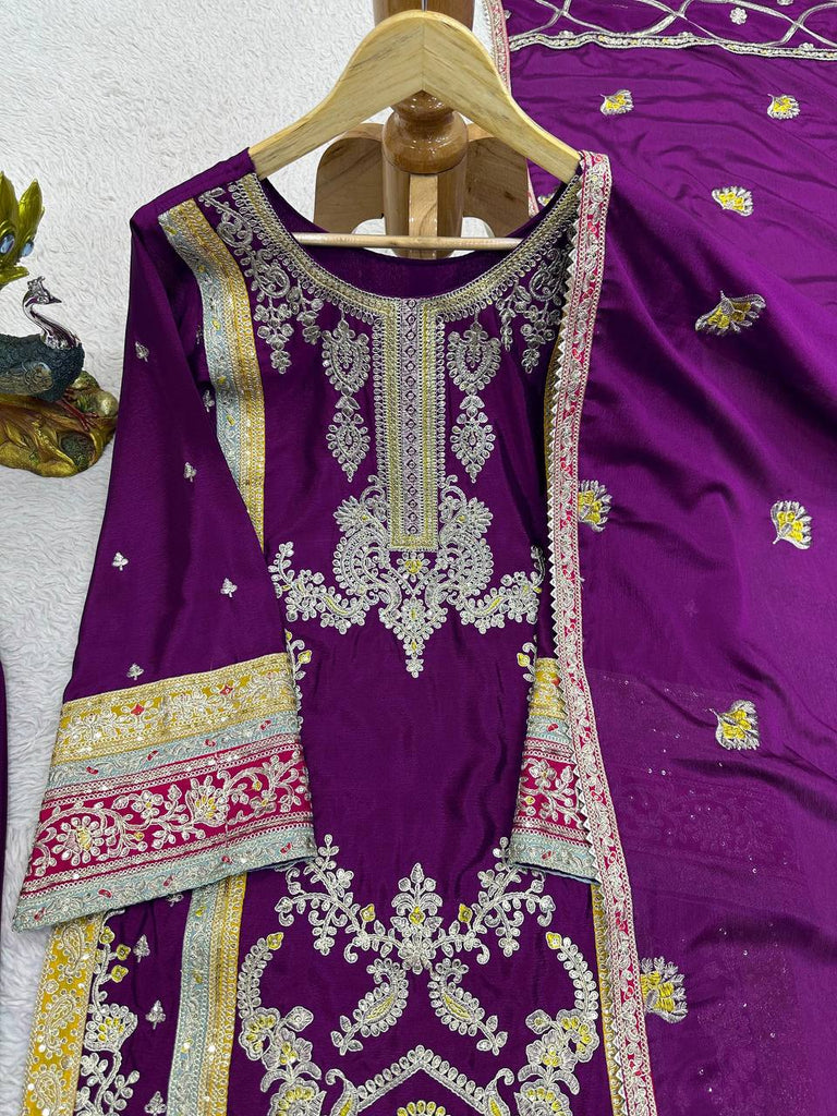 Purple Elegant Chinon Silk Plazo Set with Thread, Sequin & Coding Dori Work ClothsVilla