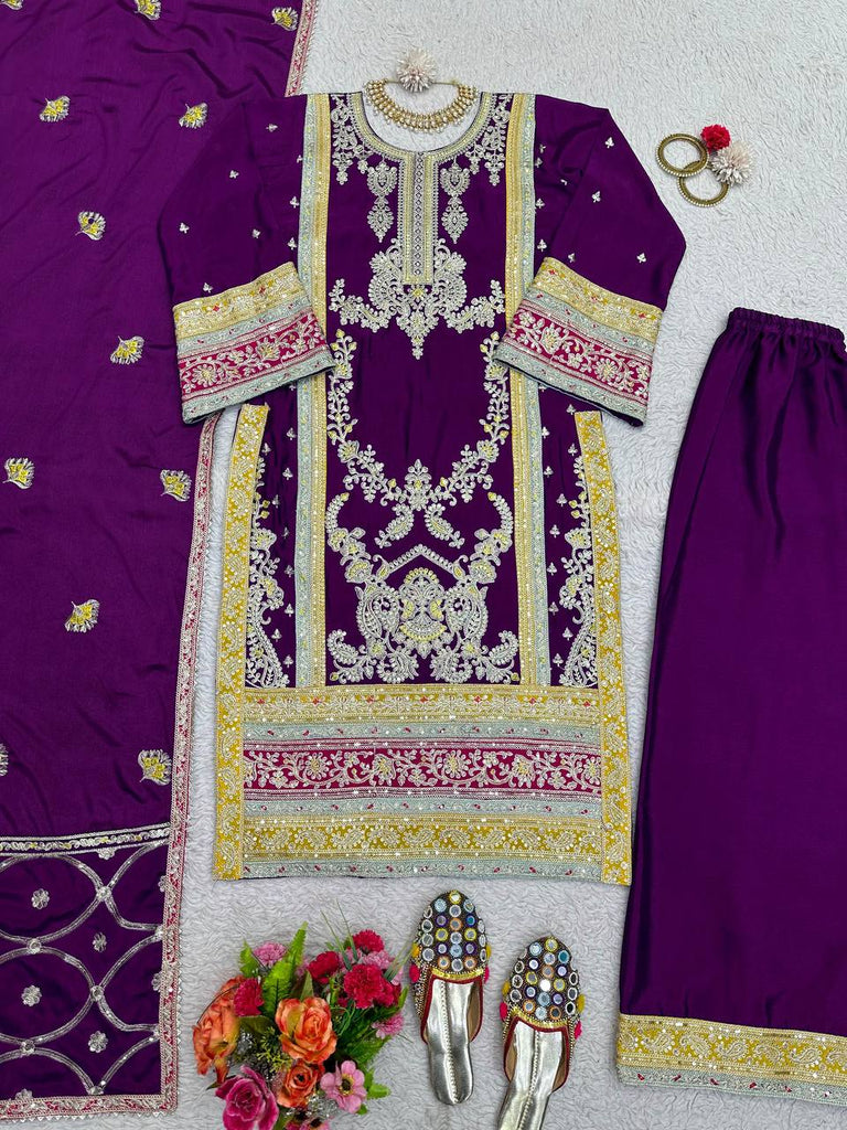 Purple Elegant Chinon Silk Plazo Set with Thread, Sequin & Coding Dori Work ClothsVilla