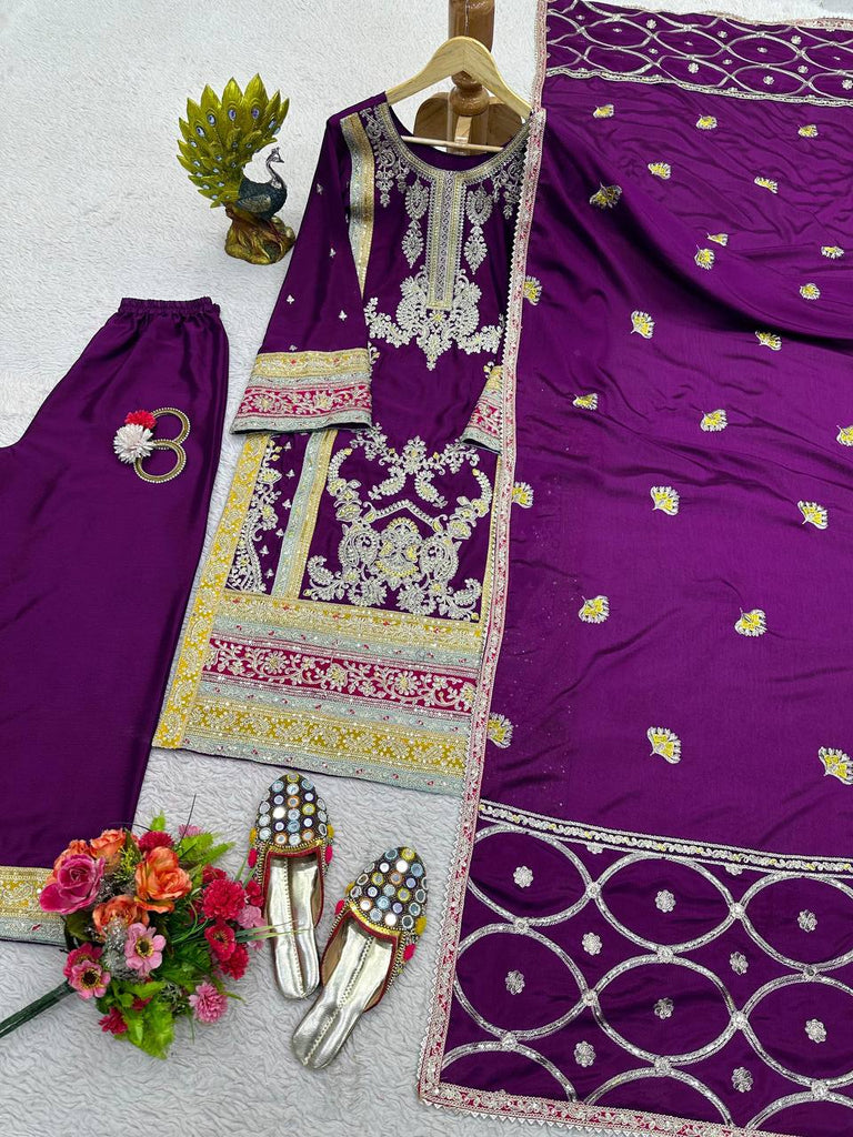 Purple Elegant Chinon Silk Plazo Set with Thread, Sequin & Coding Dori Work ClothsVilla