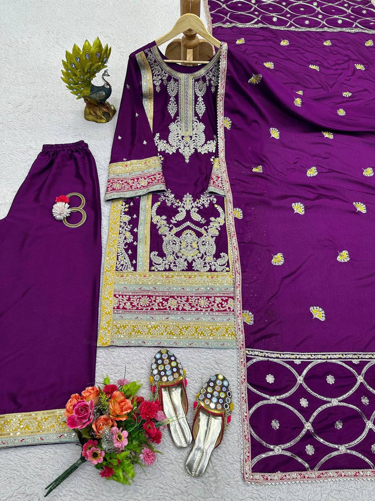 Purple Elegant Chinon Silk Plazo Set with Thread, Sequin & Coding Dori Work ClothsVilla